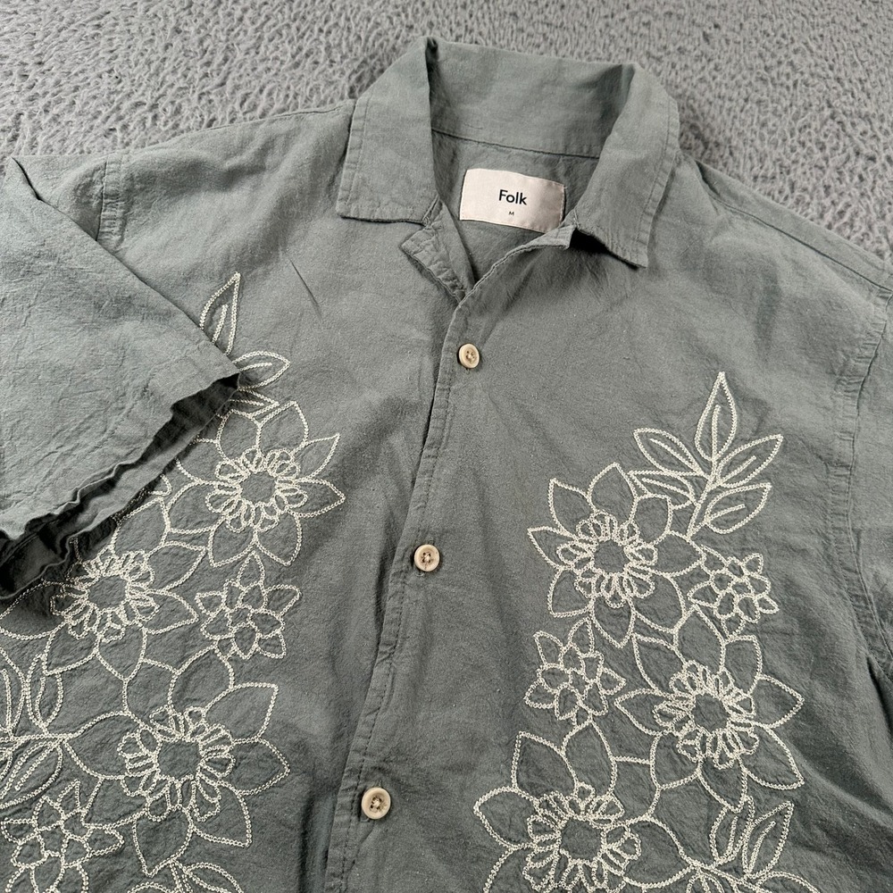 Folk Shirt Mens M Embroidered Floral‎ Short Sleeve Camp Cotton Linen Sage